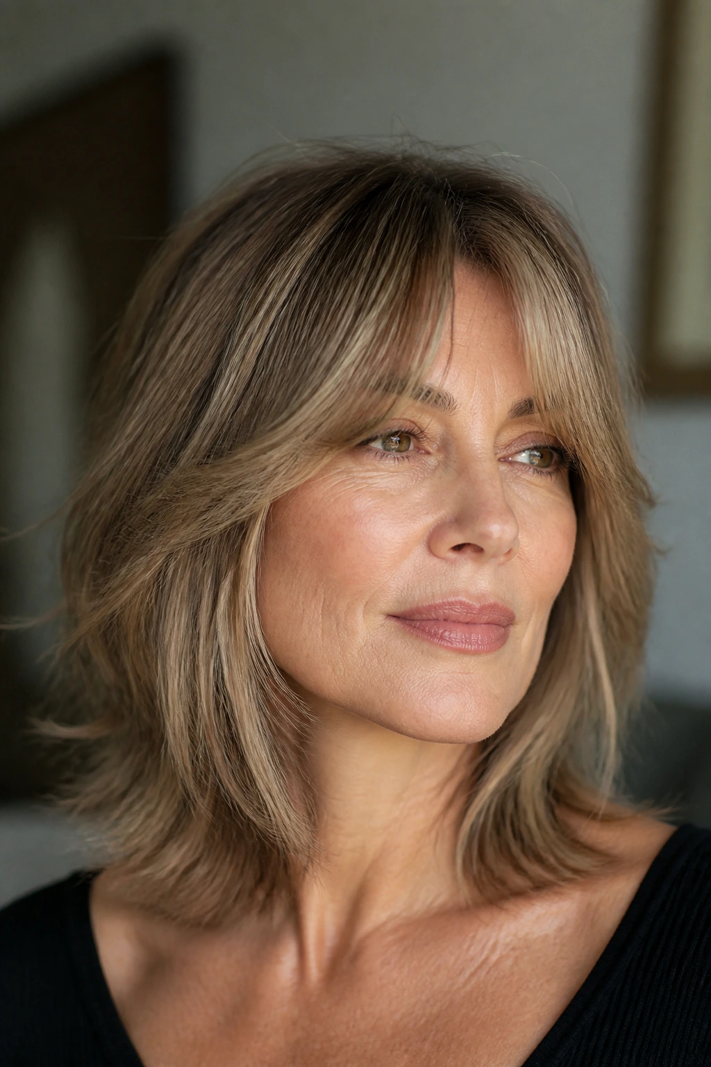 Real woman with collarbone-length shag and curtain bangs in soft indoor light