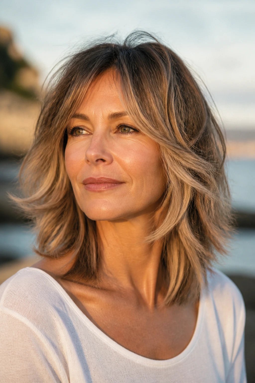 Close-up of a real woman with collarbone shag and airy face framing outdoors at golden hour