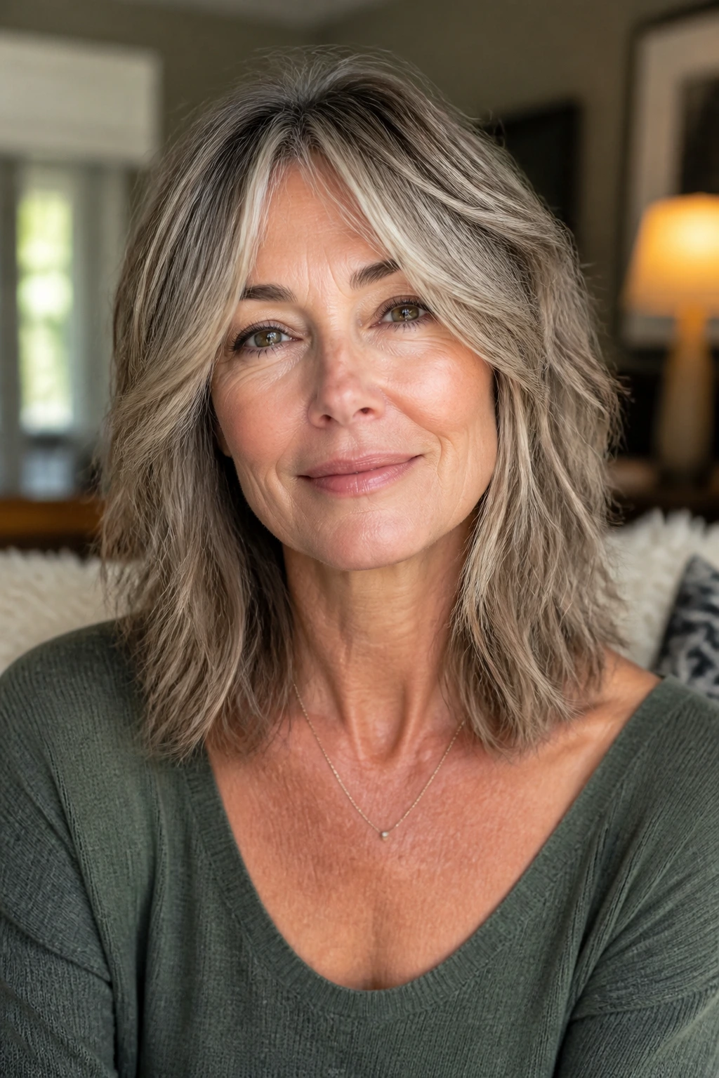 Real woman wearing collarbone-length shag with soft face framing in cozy room