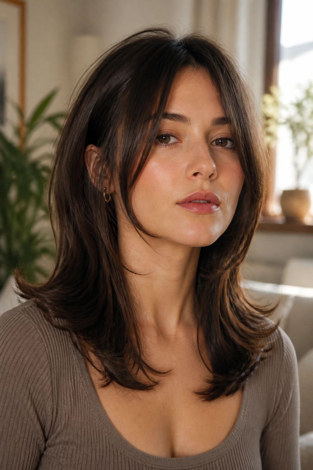 Real person with long face-framing ribbons reaching the collarbone, collarbone-length shag.