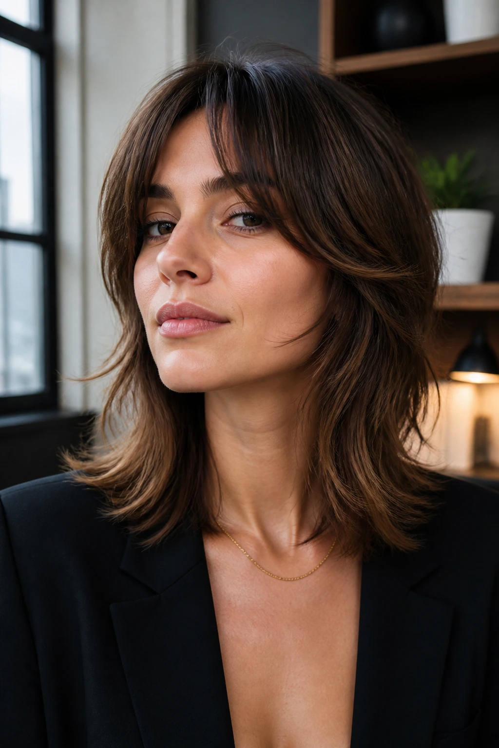 Close-up portrait of Collarbone Shag with Feathered Cheeks on a real woman with collarbone-length hair