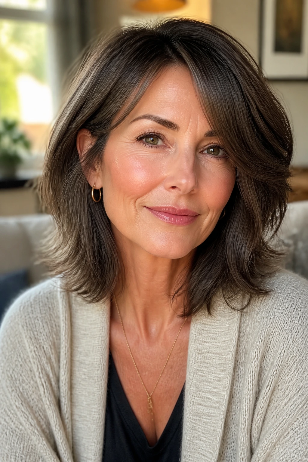 Close-up portrait of a real woman wearing a collarbone-length feather shag in soft light
