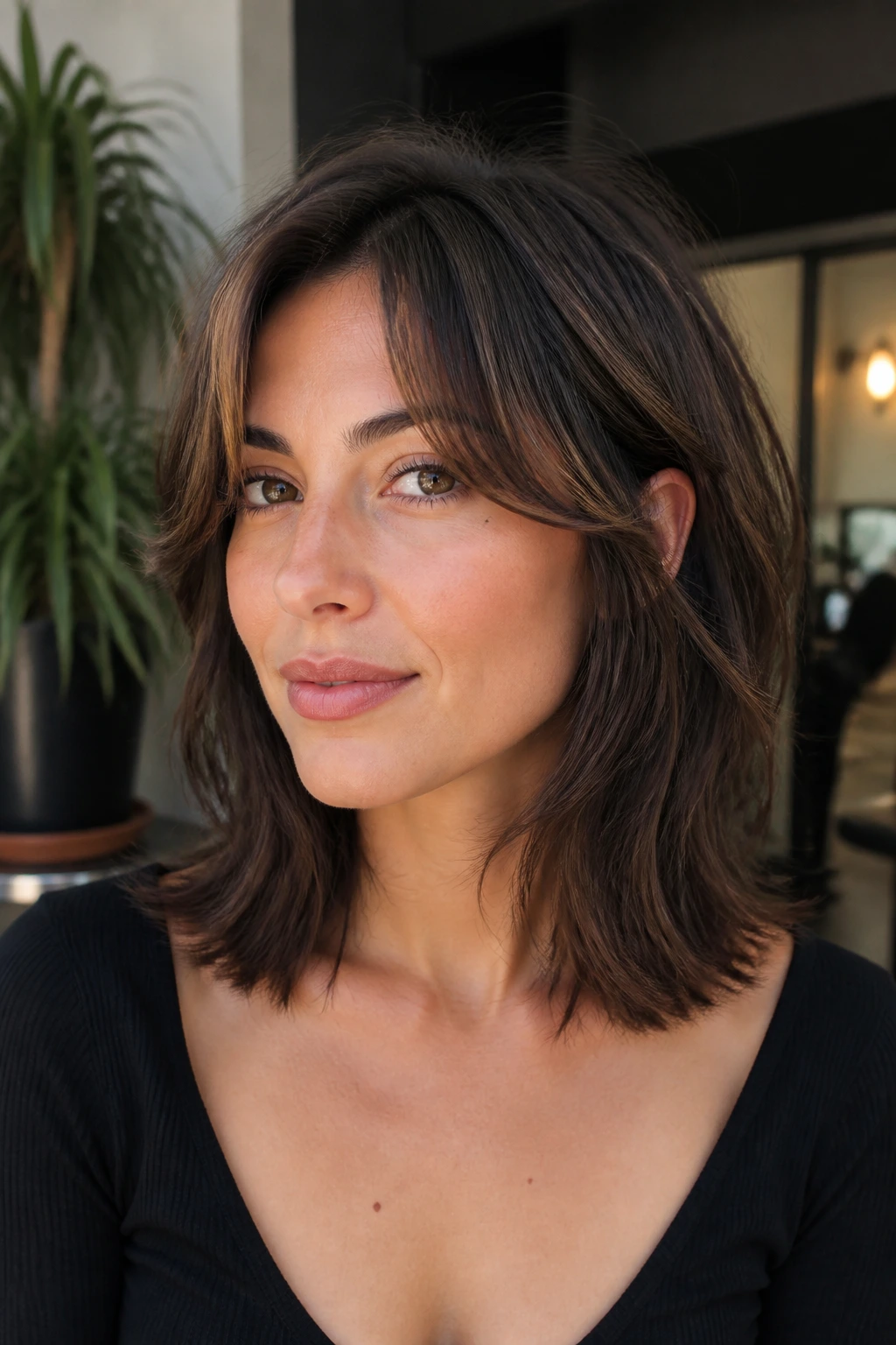 Close-up portrait of collarbone-length shag with dense bottom edge and soft layers in salon light