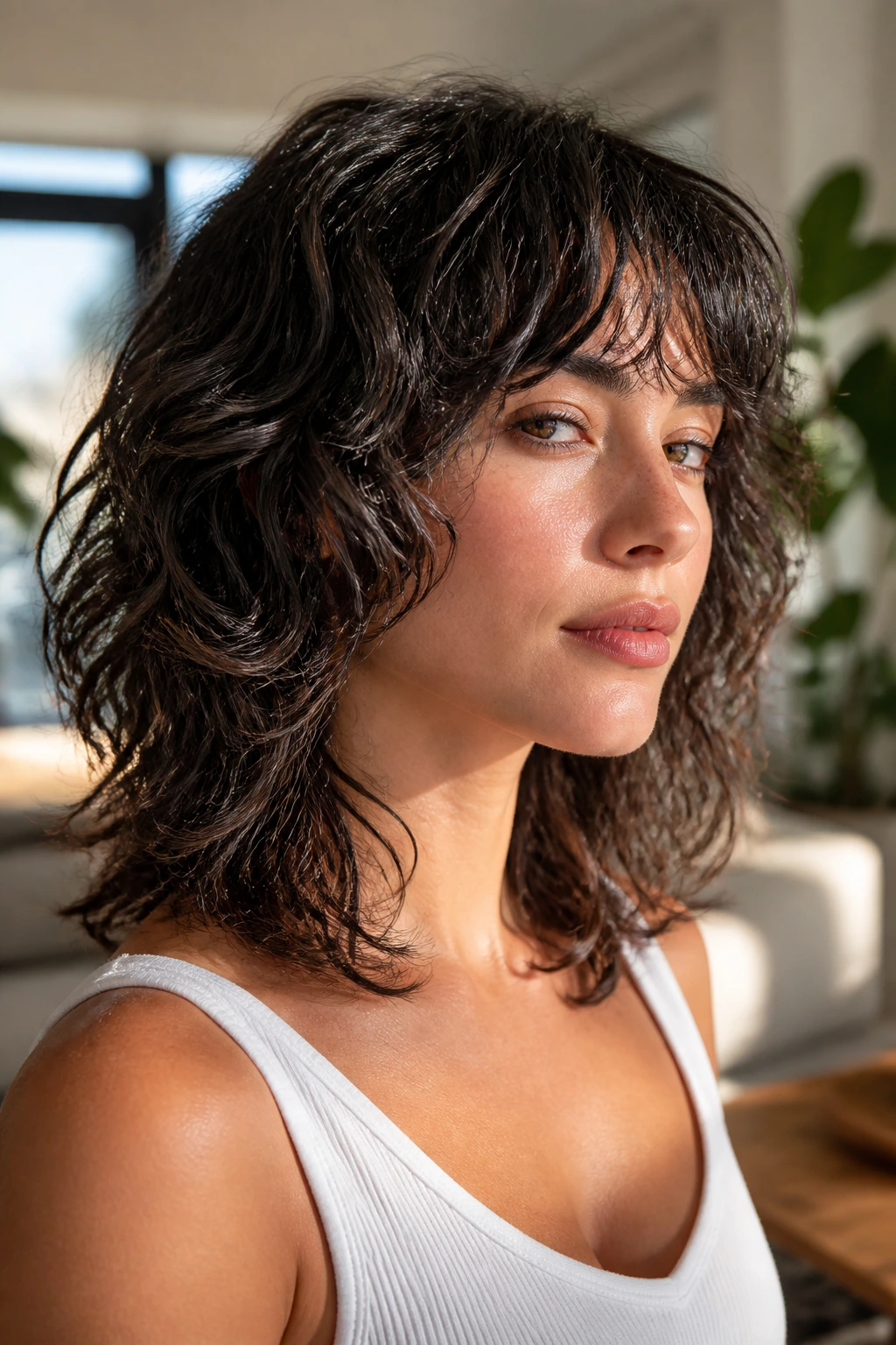 Portrait of a person with a collarbone-length shag lob and interior layers