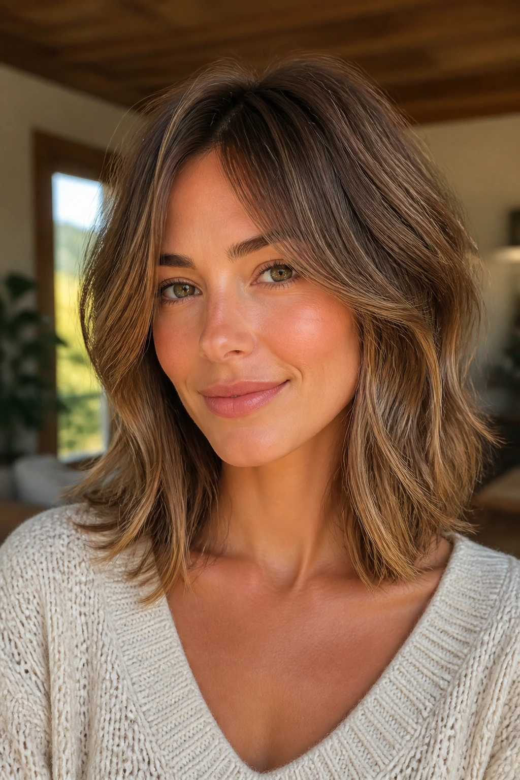 Close-up portrait of collarbone-length shag lob on a real person