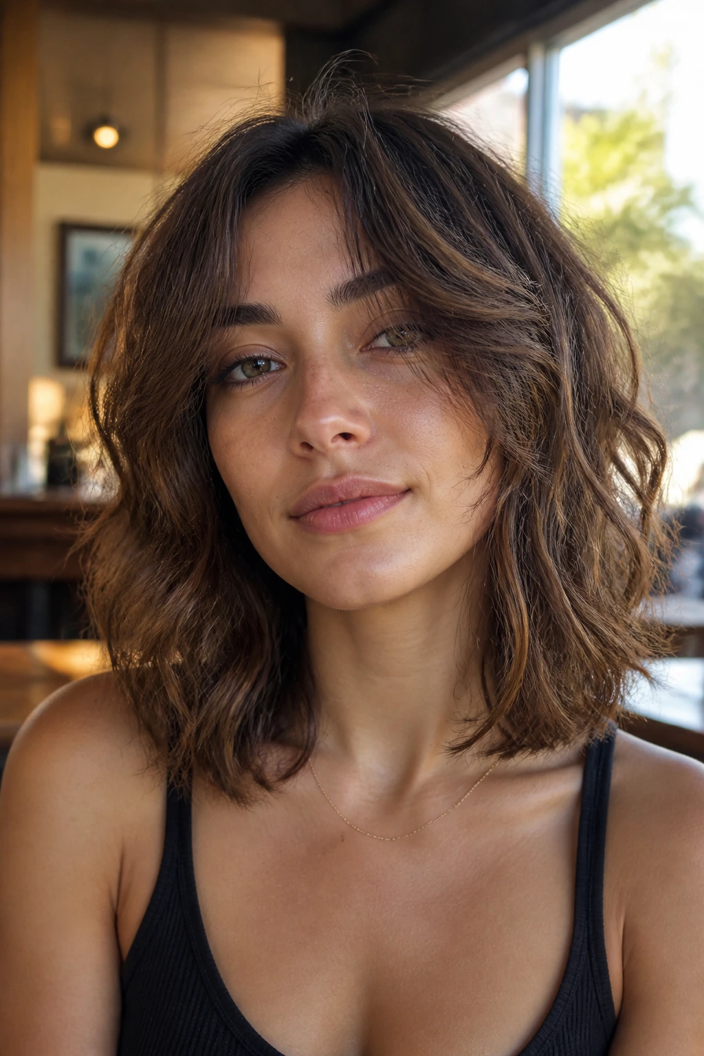 Medium close-up of a real person with collarbone-length shag framing the face