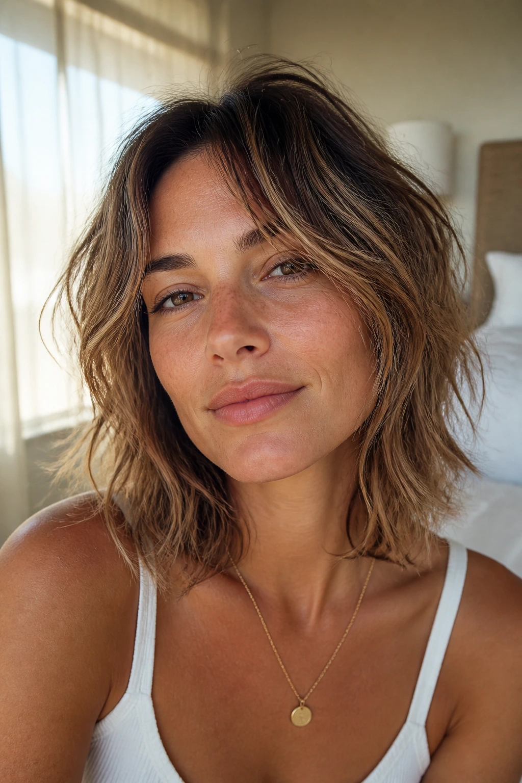 Close-up of a woman with a collarbone-length shag and beachy waves in warm natural light