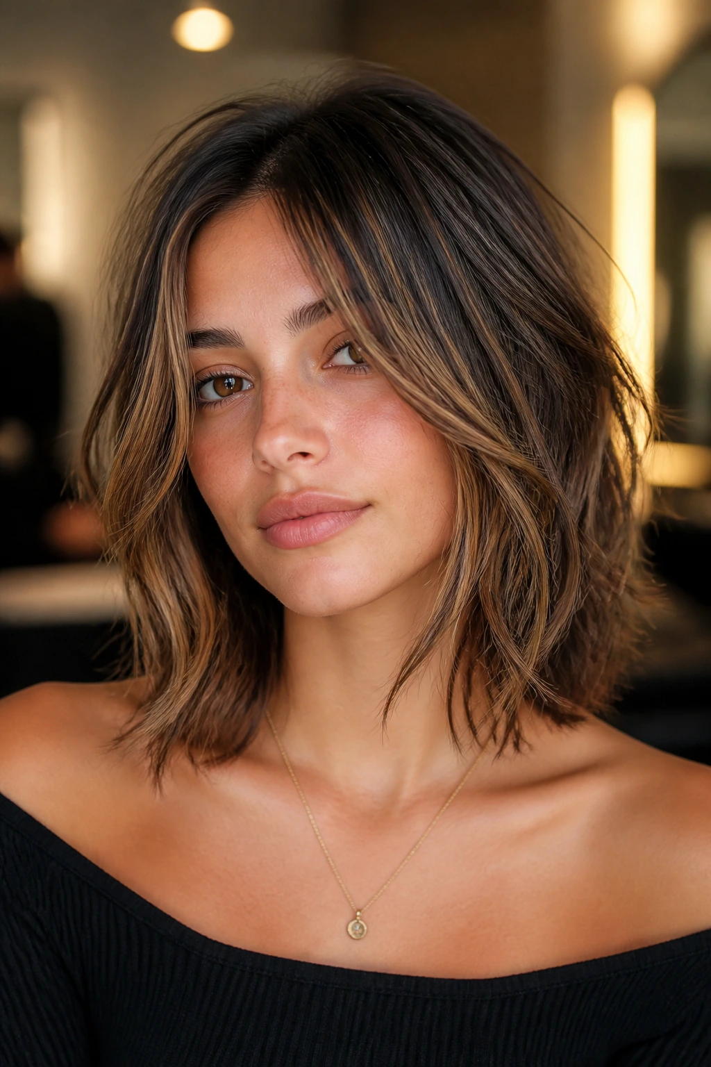 Real woman with collarbone shag and caramel ribbons framing face