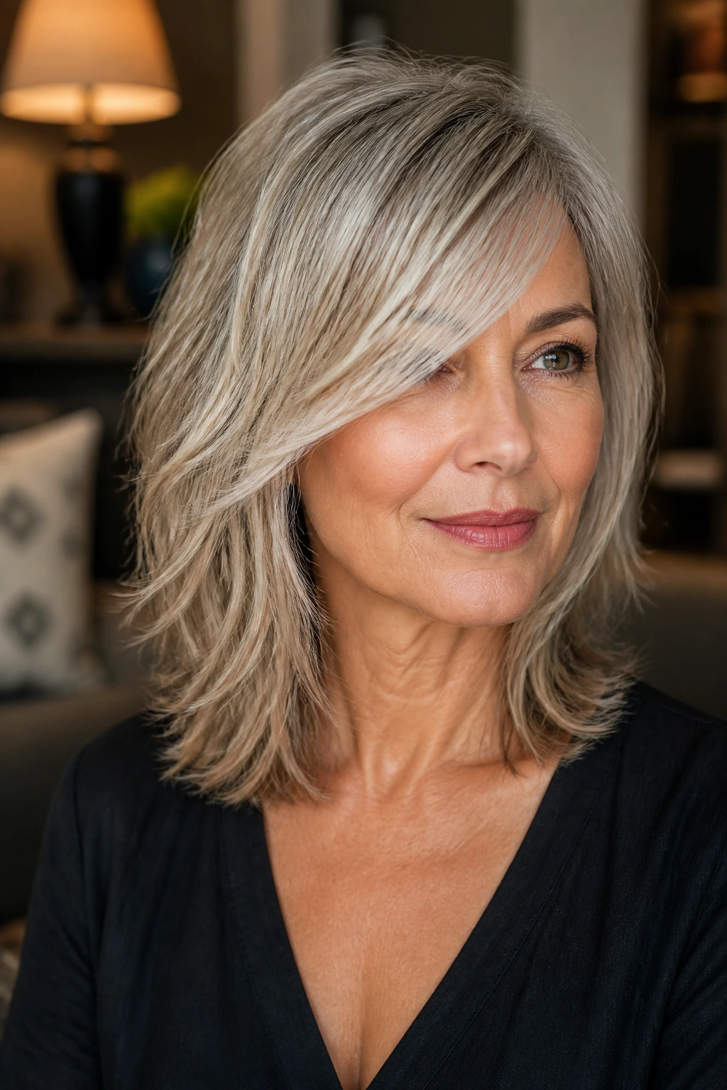 Real woman with collarbone-length shag and long side bang