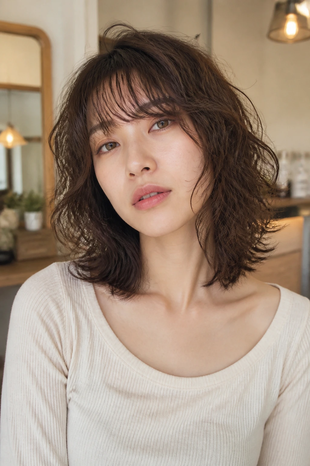 Real woman with collarbone-length shag and tapered fringe on curly medium hair