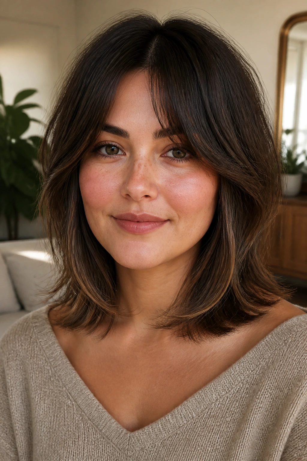 Close-up portrait of a real woman with collarbone-length shag and soft ends