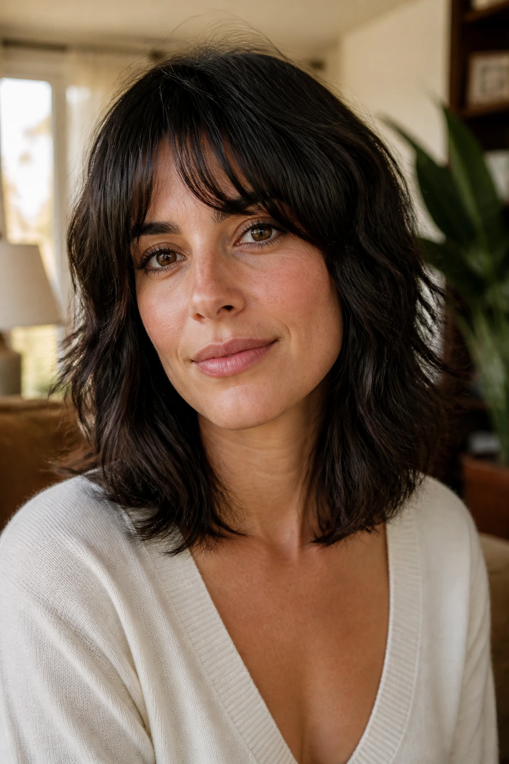 Close-up portrait of a real woman with collarbone-length shag, soft layers, warm window light