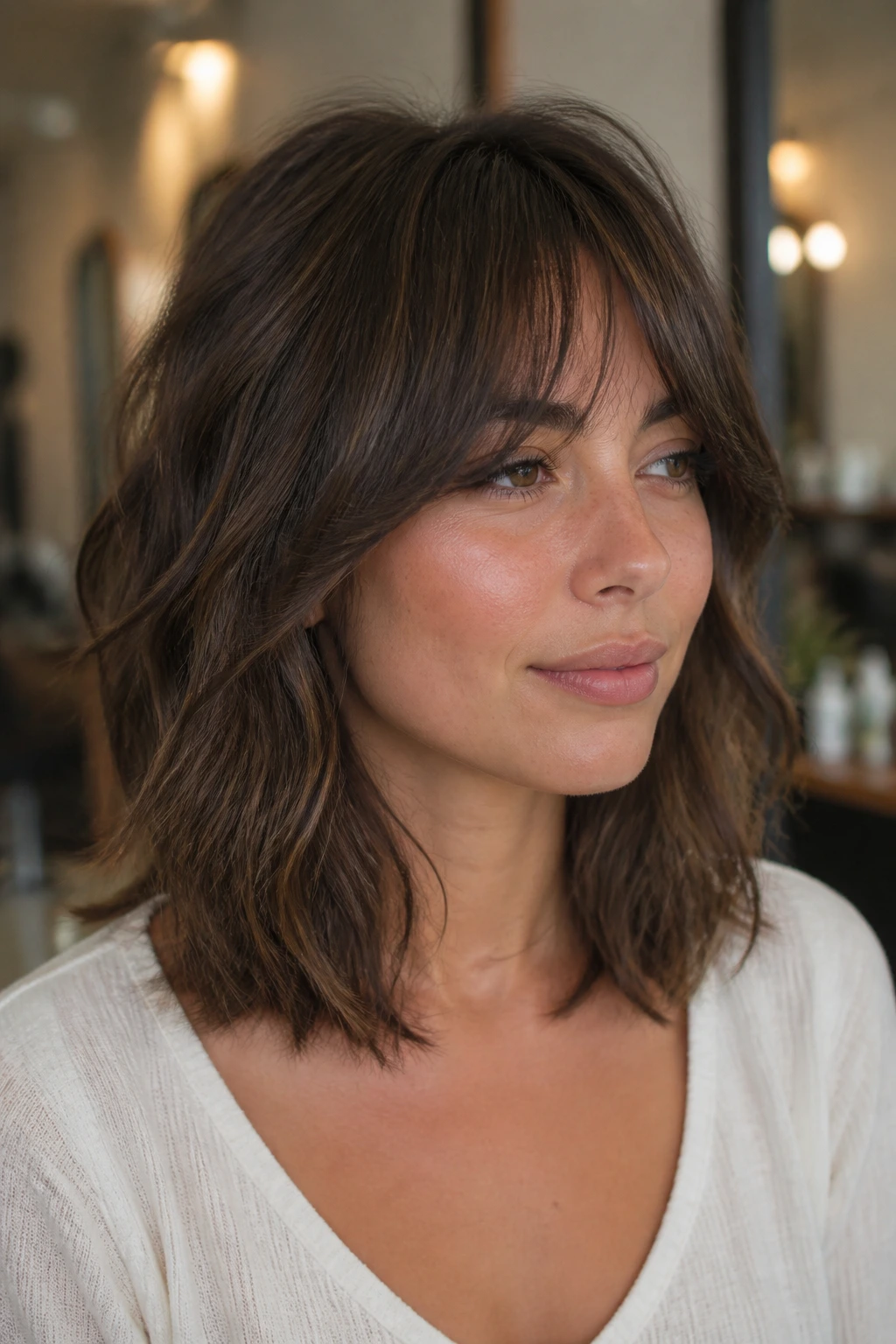 Close-up of collarbone-length wavy shag on a real woman