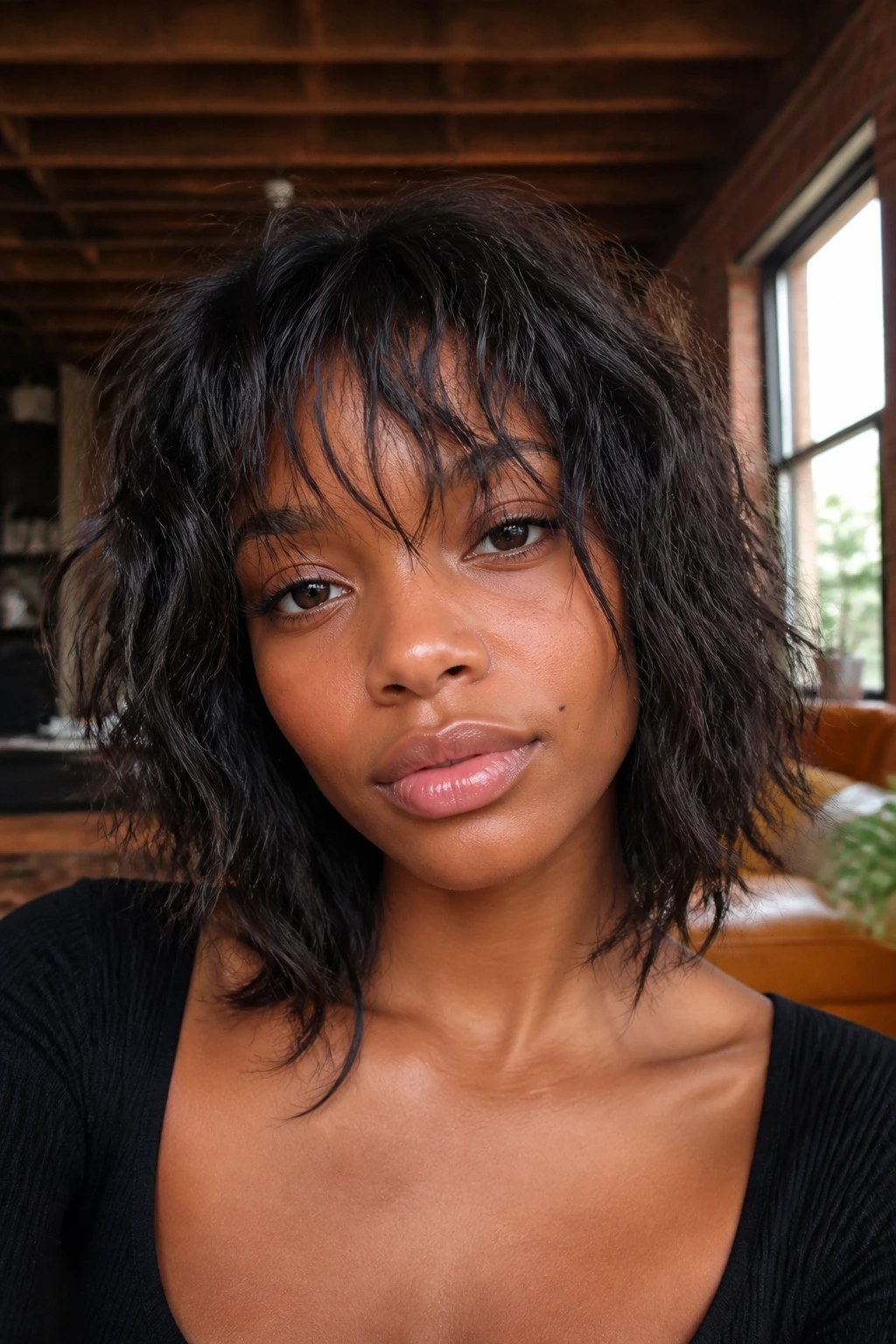 Close-up portrait of a real woman with collarbone-length shag and uneven fringe layers