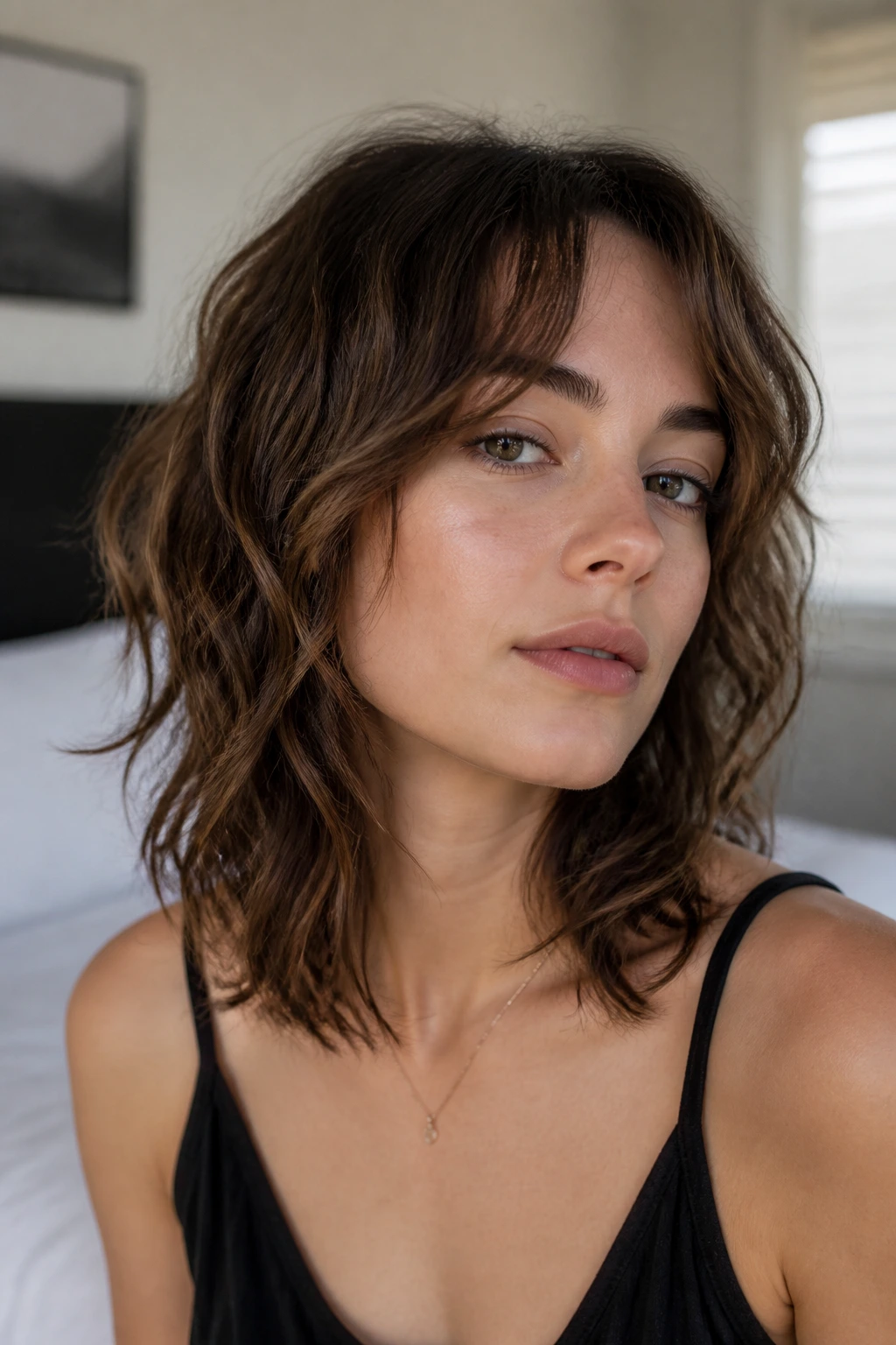 Portrait of a woman with collarbone-length shag and soft movement along the sides