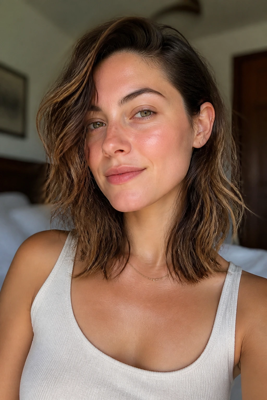 Close-up of real woman with collarbone-length wavy hair and broken ends in warm window light