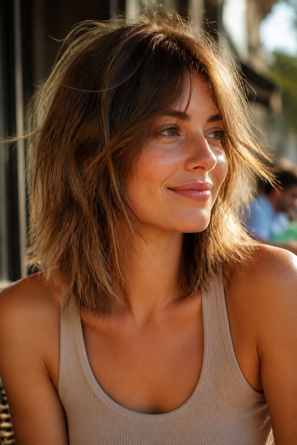 Close-up portrait of a real woman with collarbone-length shaggy lob and razored ends