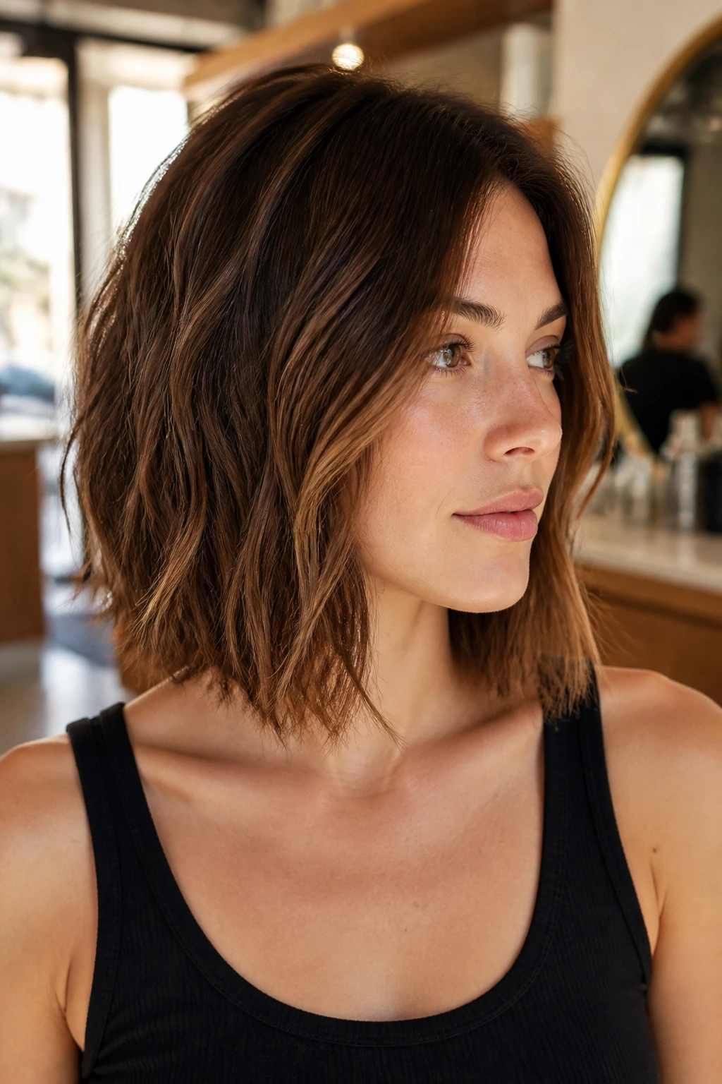 Close-up of a real woman with a collarbone-length lob and chipped ends