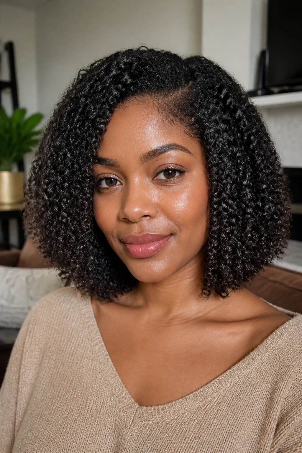Close-up of a real woman with a collarbone-length shrinkage-friendly bob