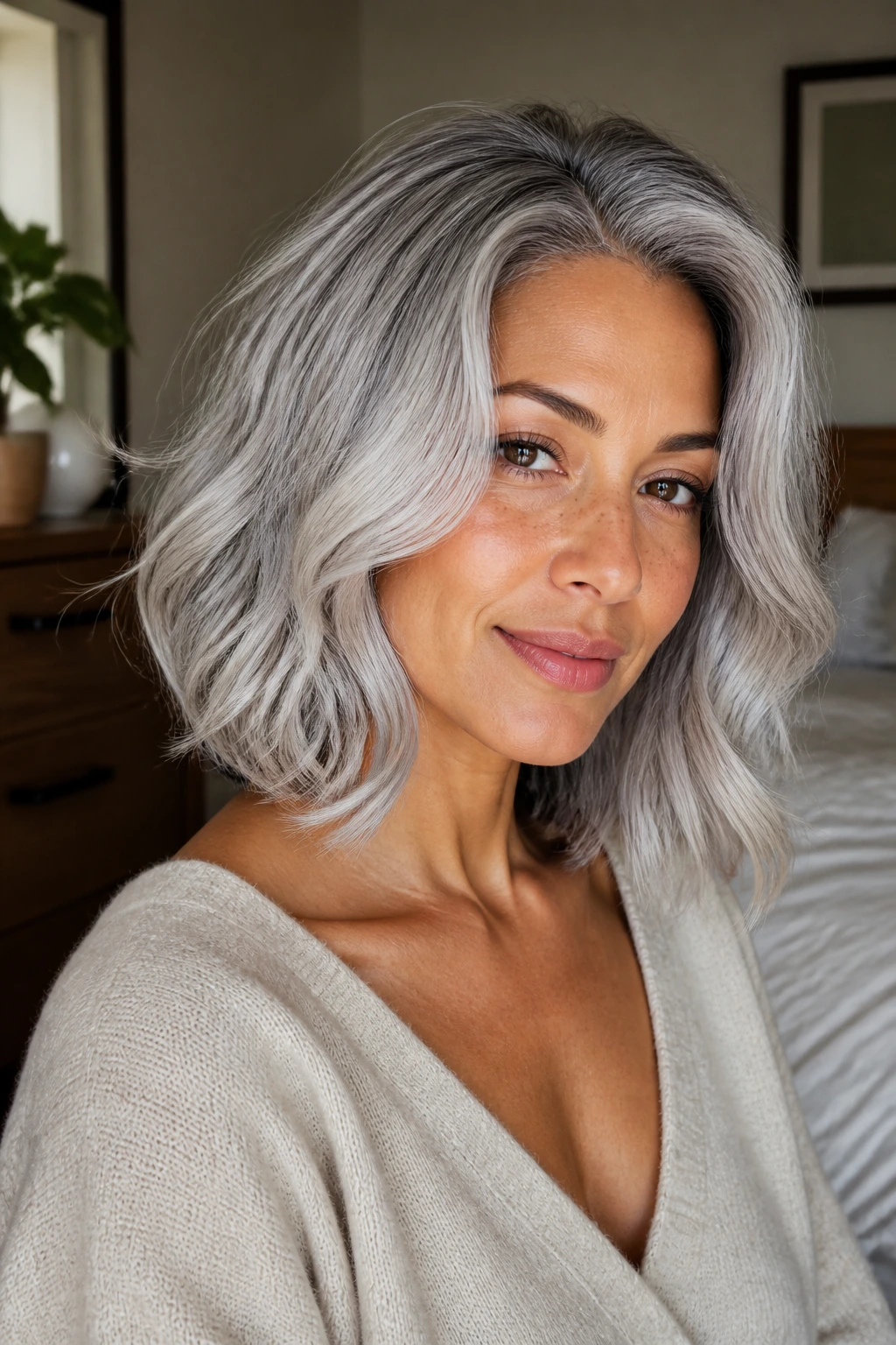 Close-up portrait of a real woman with a bouncy silver collarbone-length cut and darker root melt.