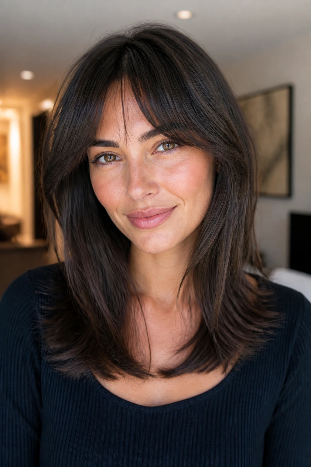 Real woman with arched bangs and collarbone-skimming layers