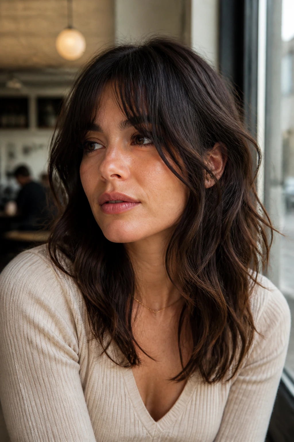 Close-up of collarbone-skimming bangs on brunette with long front pieces