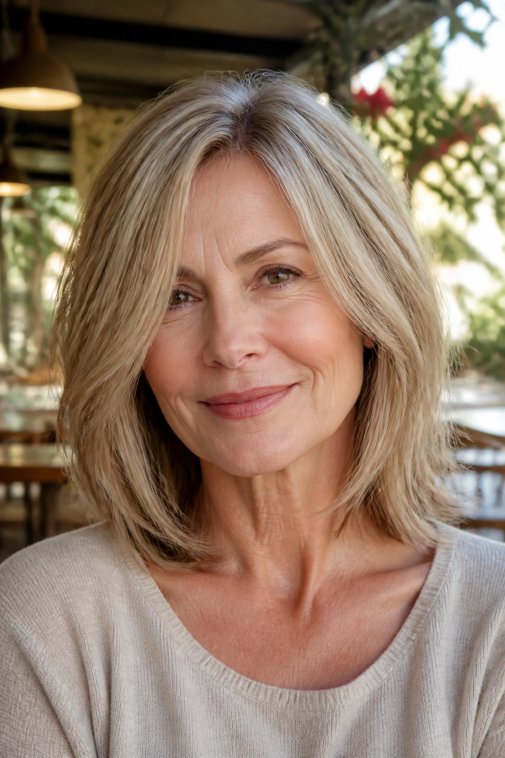 Real woman with collarbone-skimming layered lob portrait
