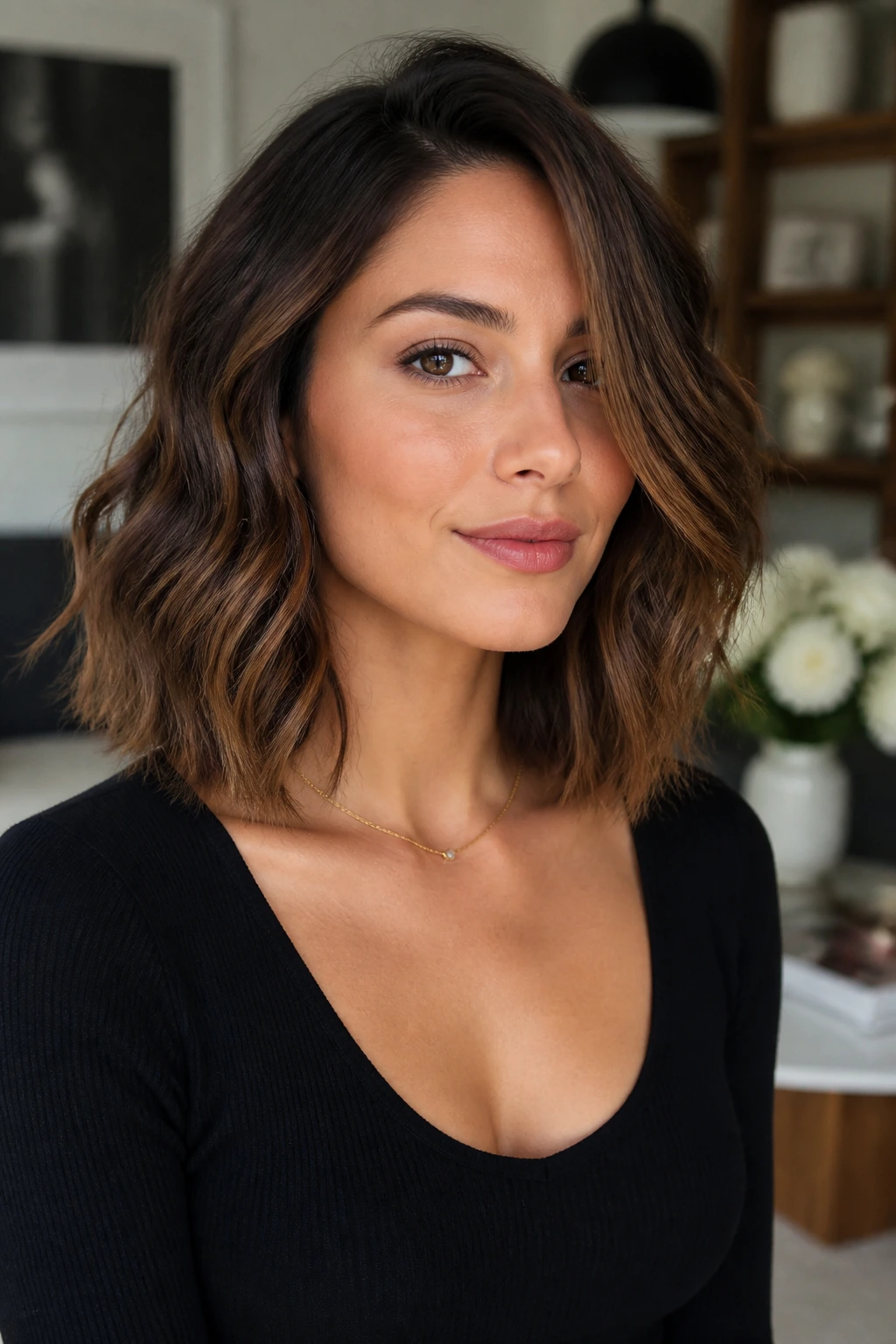 Portrait of a real woman with a collarbone-skimming lob and soft waves