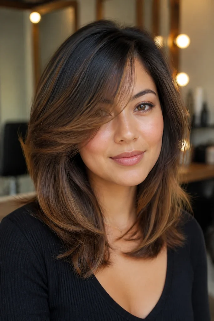 22 Long Swoopy Layers for Round Faces with Side-Swept Bangs