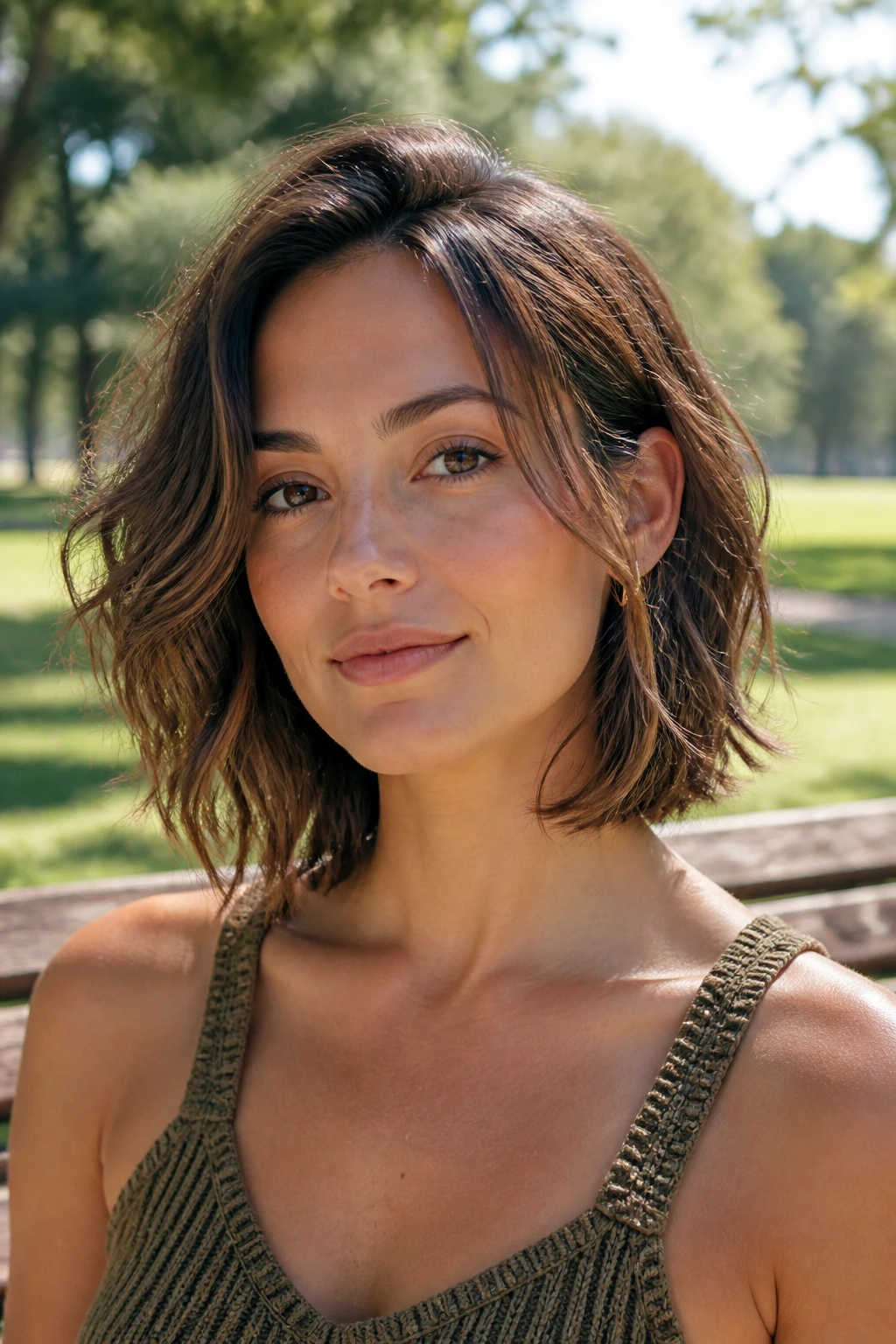 Close-up portrait of a real woman with a collarbone-length stacked bob
