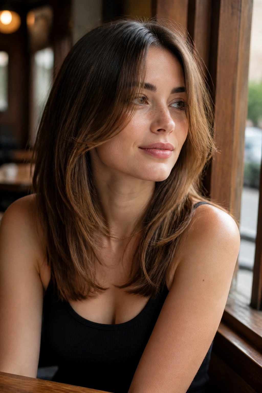 Close-up portrait of a real woman with collarbone-length layers framing the face in warm window light