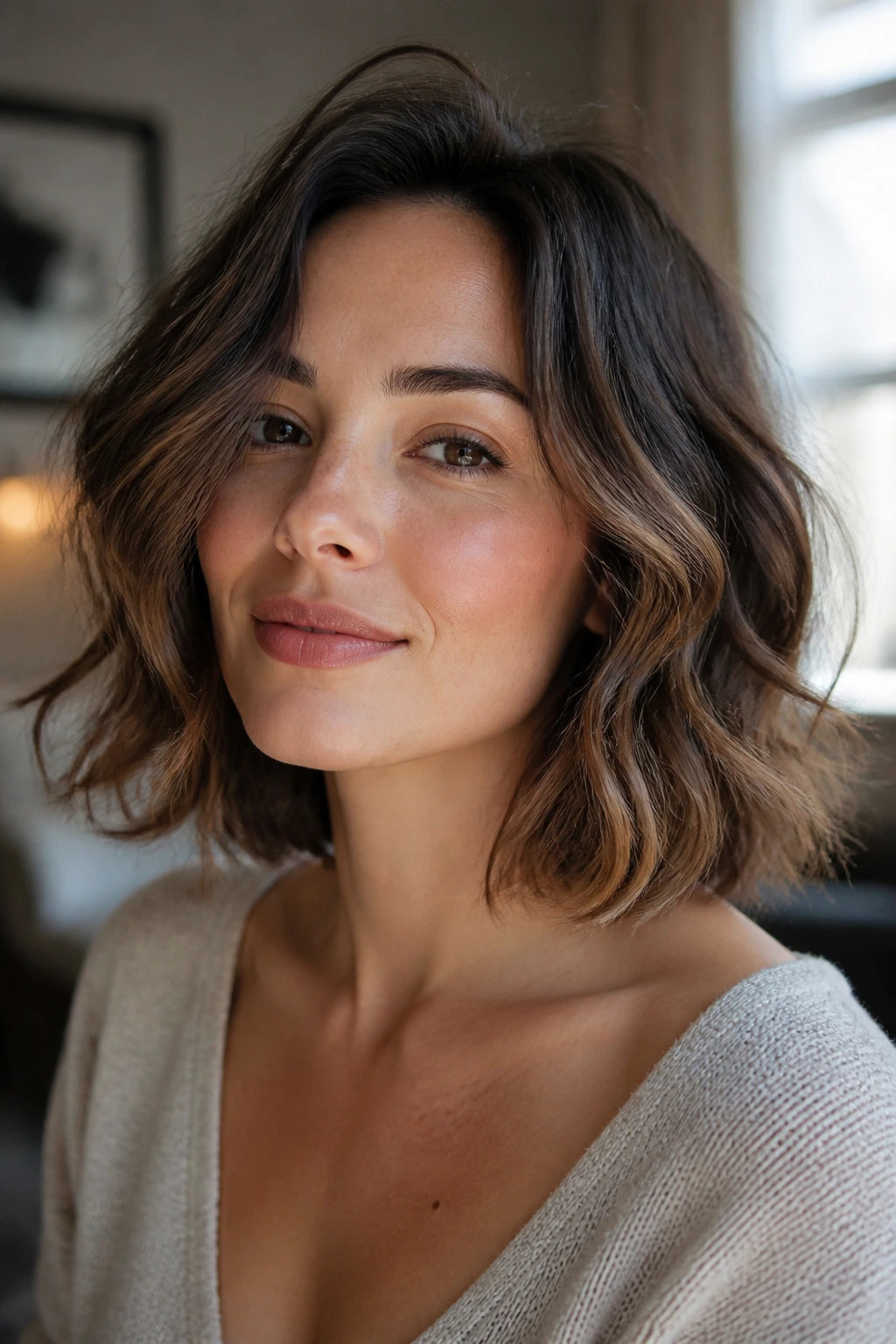 Real woman with a collarbone sweep bob featuring front pieces below the cheeks.