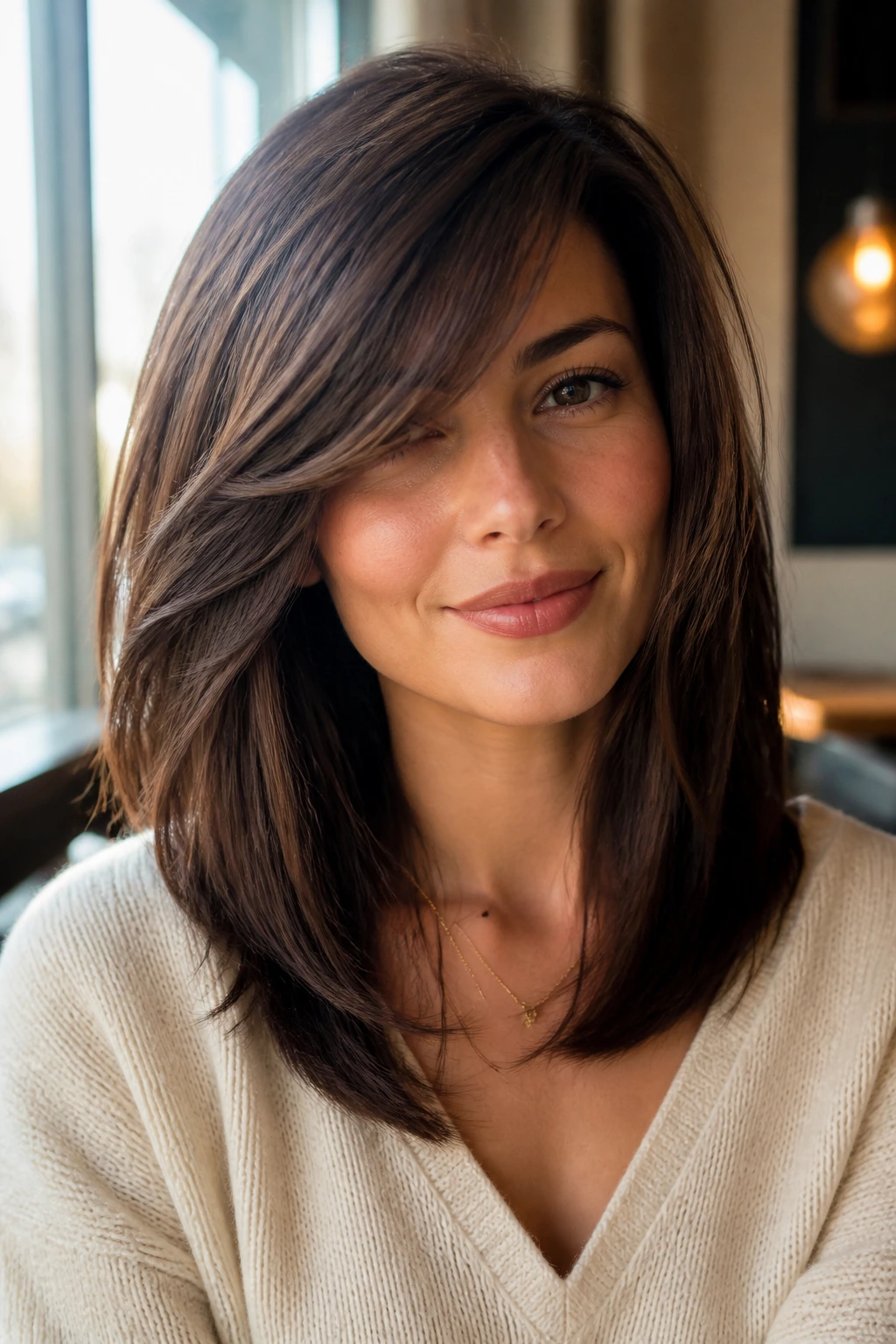 Close-up portrait of a real woman with collarbone-length front frame and diagonal side-swept bangs.