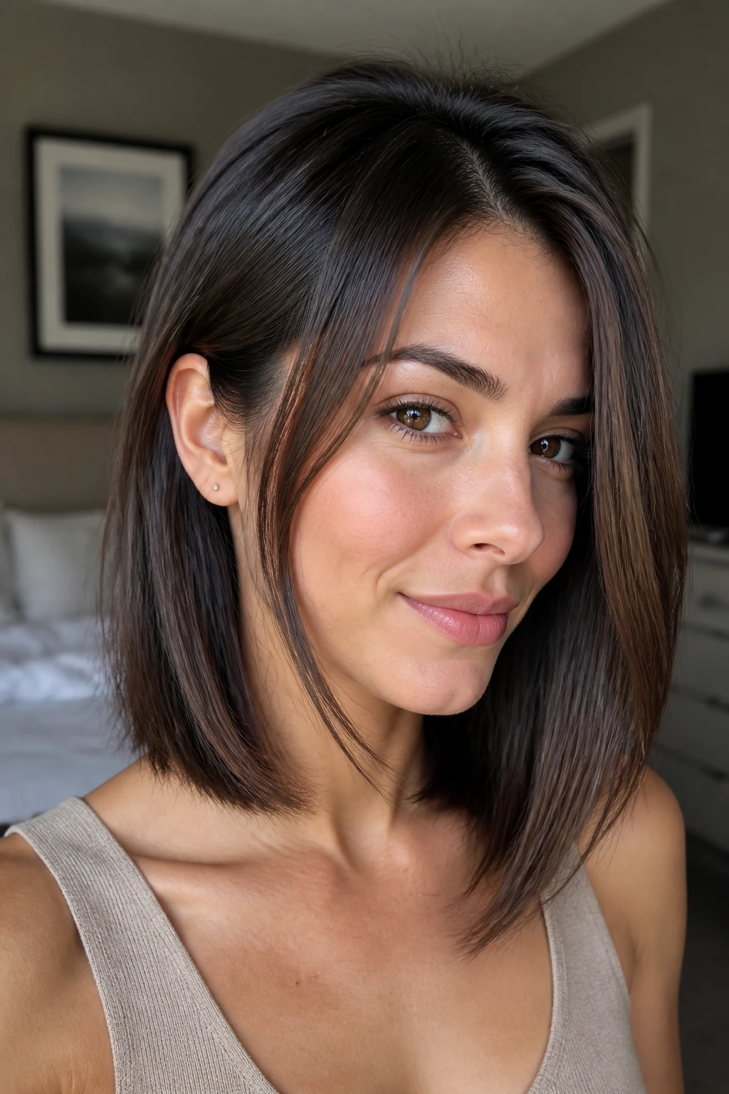 Close-up portrait of collarbone-length hair with a soft face frame