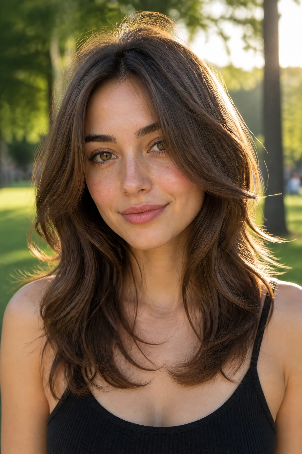 Close-up portrait of a real person with collarbone sweep layers.