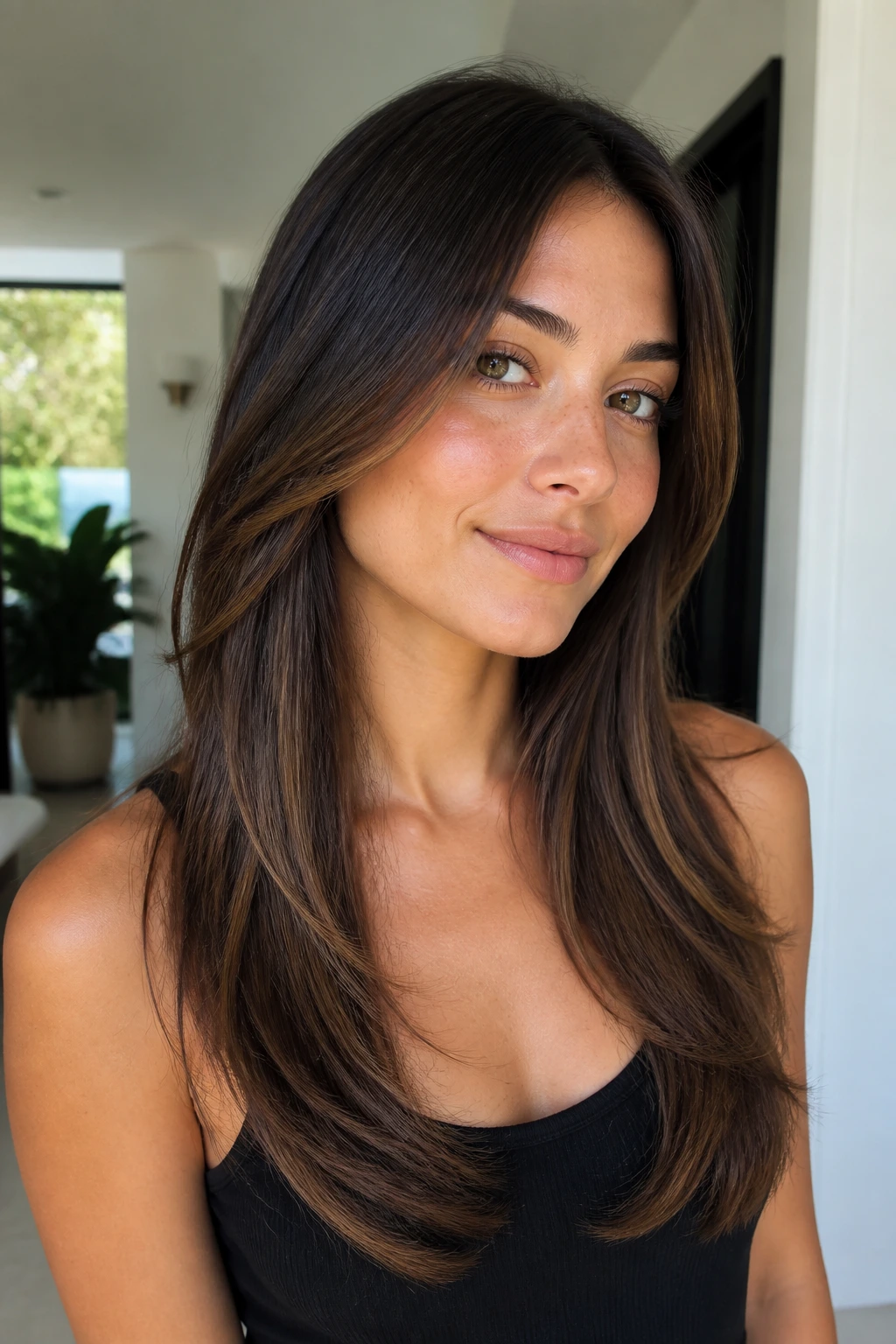 Close-up of a real woman with collarbone sweep layers cascading over the shoulders