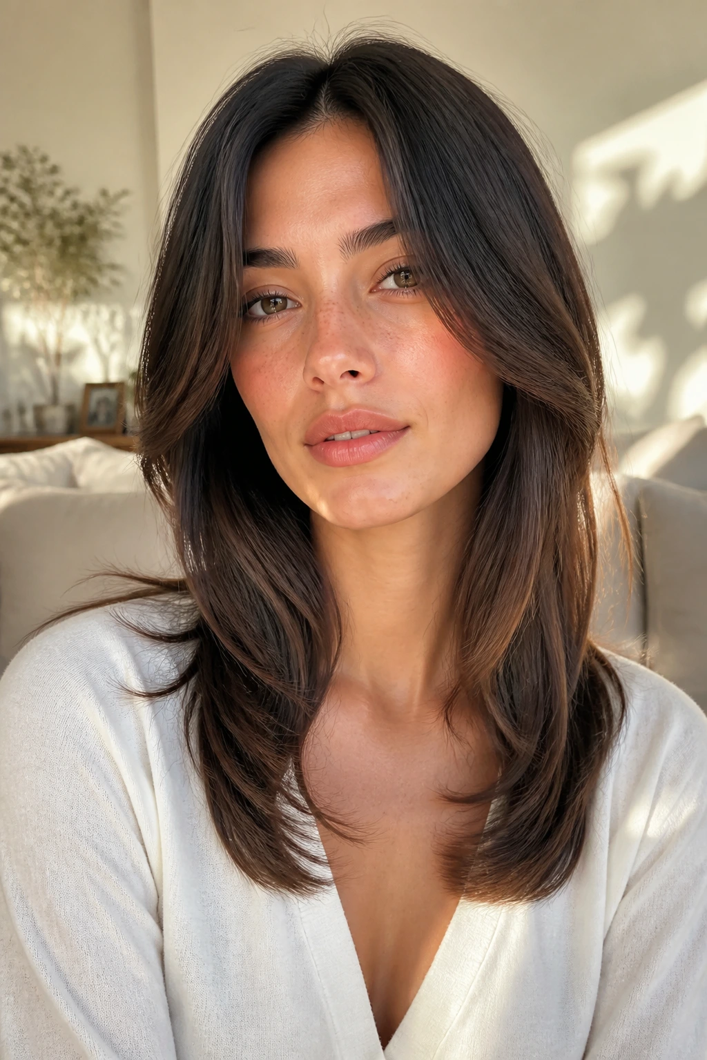 Real person with collarbone-length sweep layers framing the face