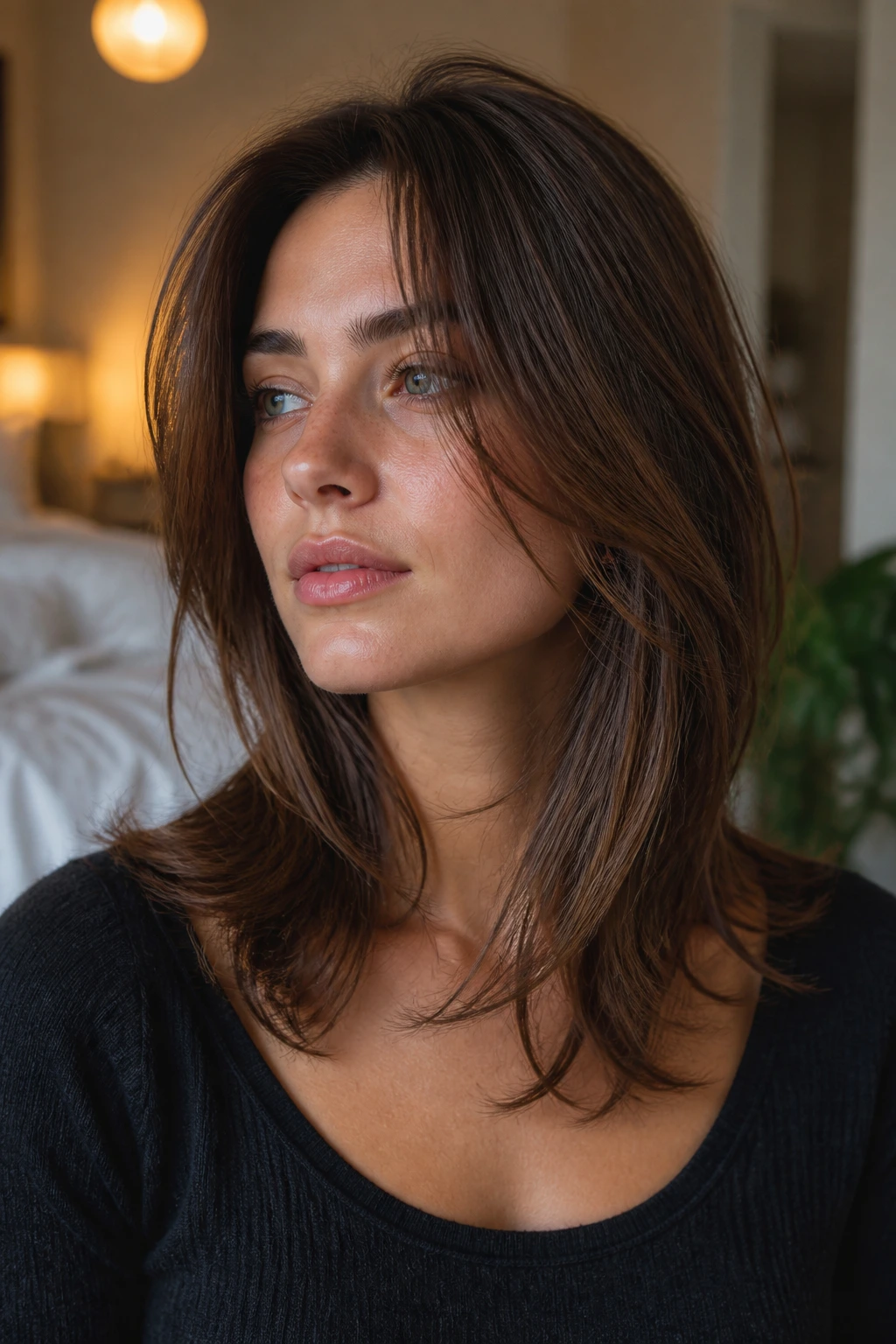 Portrait of a real person with collarbone sweep layers framing the face