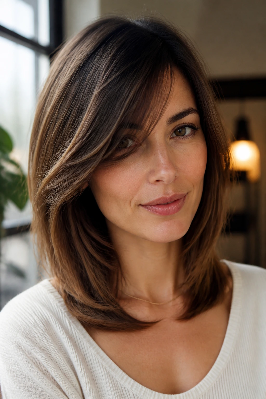 Portrait of woman with collarbone-length hair and side-swept bangs