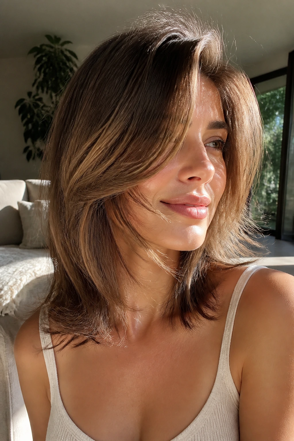 Woman with collarbone-length face-framing layers in sunlit living room