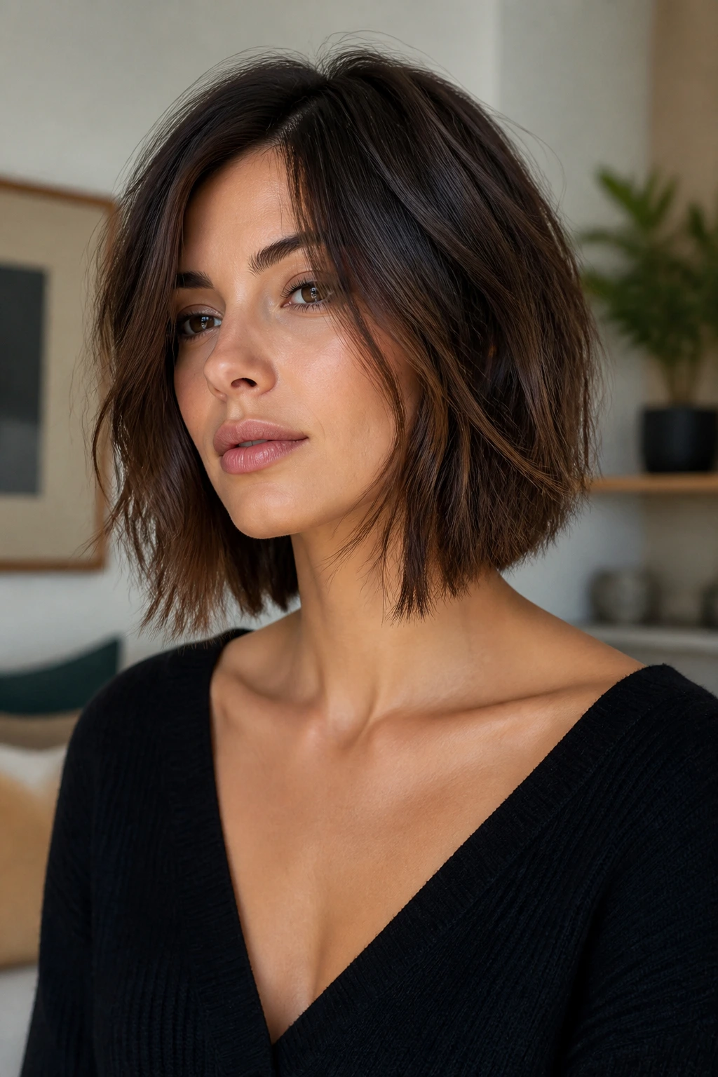 Medium close-up of a real woman with a collarbone-length textured bob and soft A-line