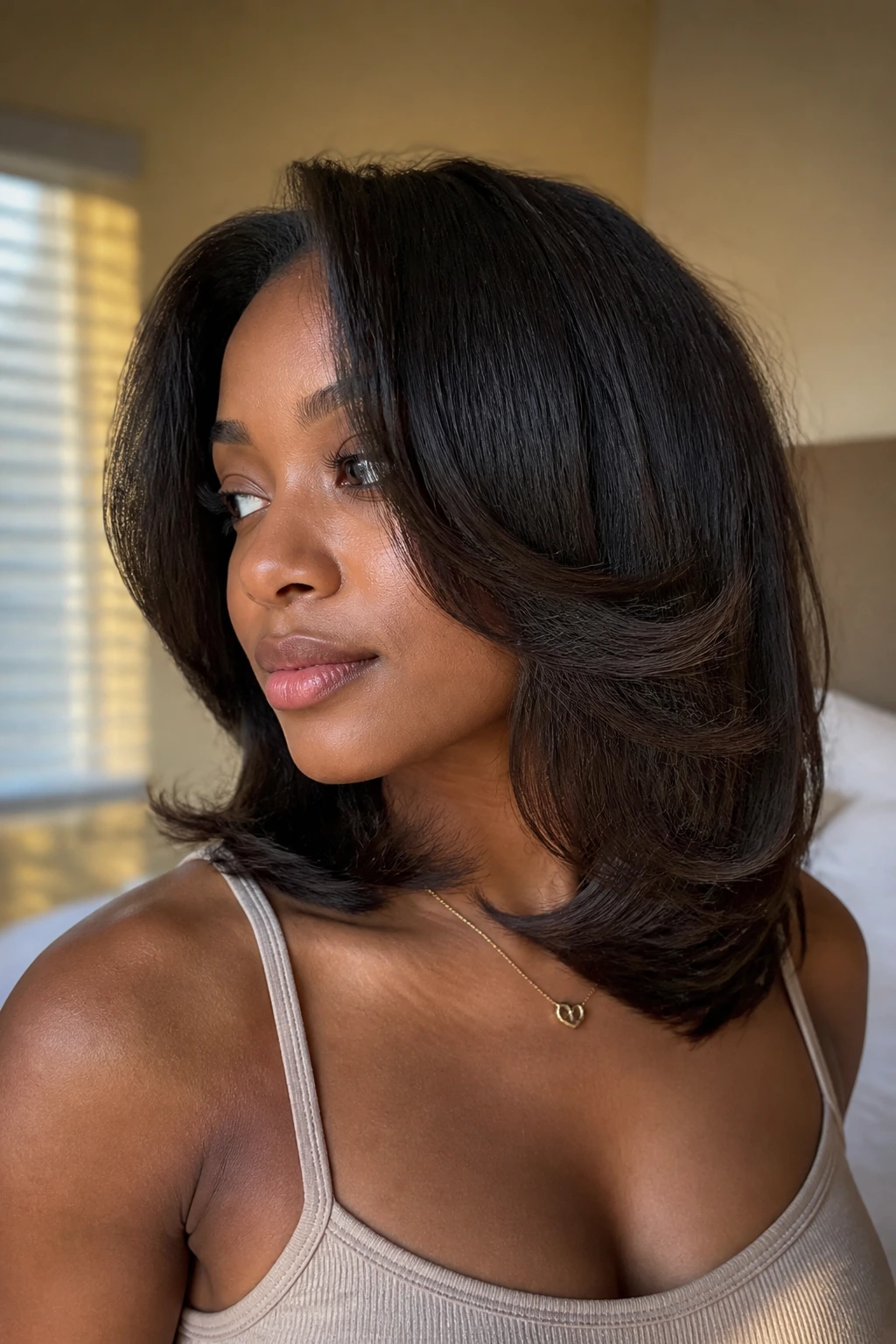 Close-up of a real Black woman with a collarbone-length U-cut hairstyle, soft arc framing shoulders