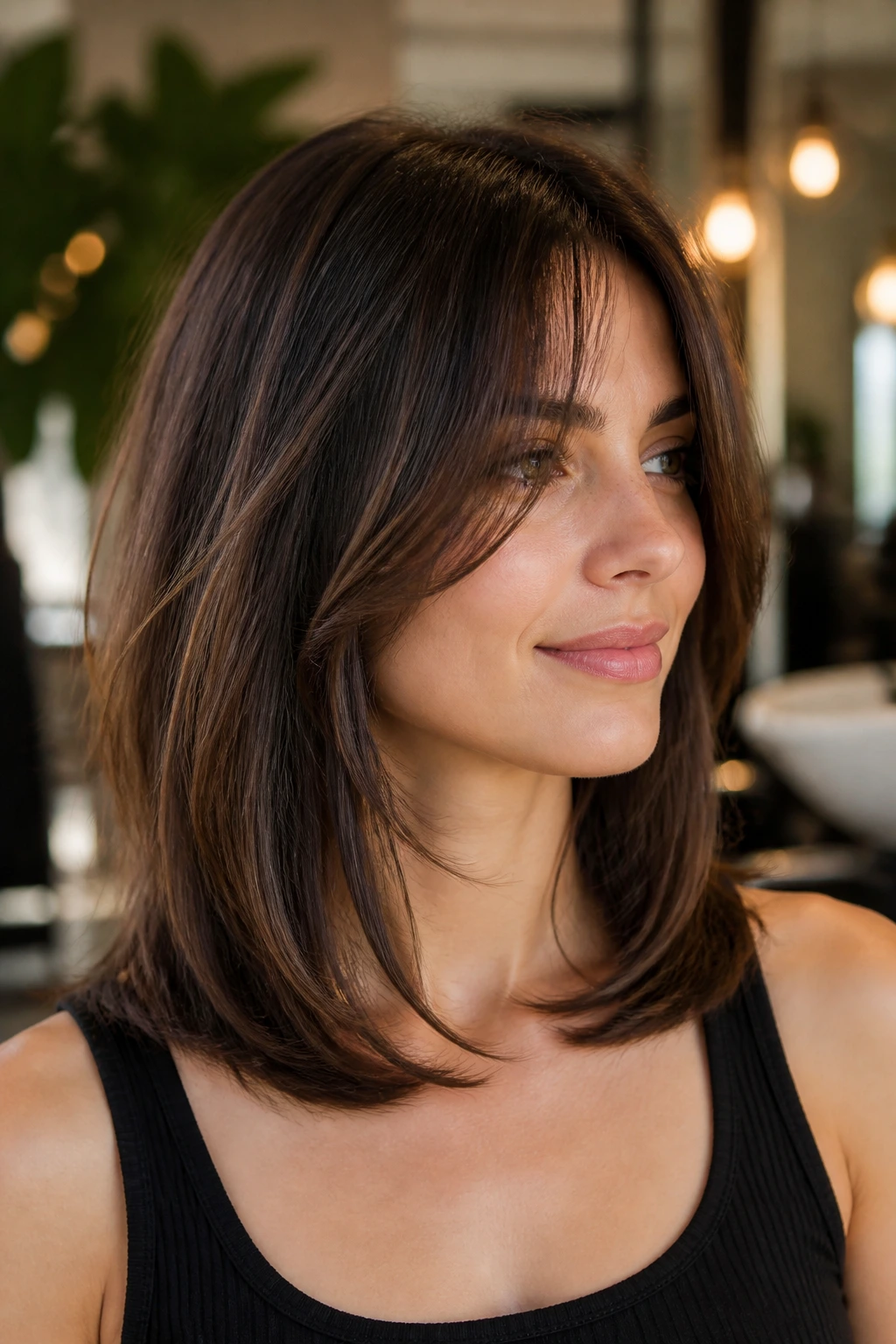 Close-up portrait of a person with collarbone-length U-shaped haircut and bangs