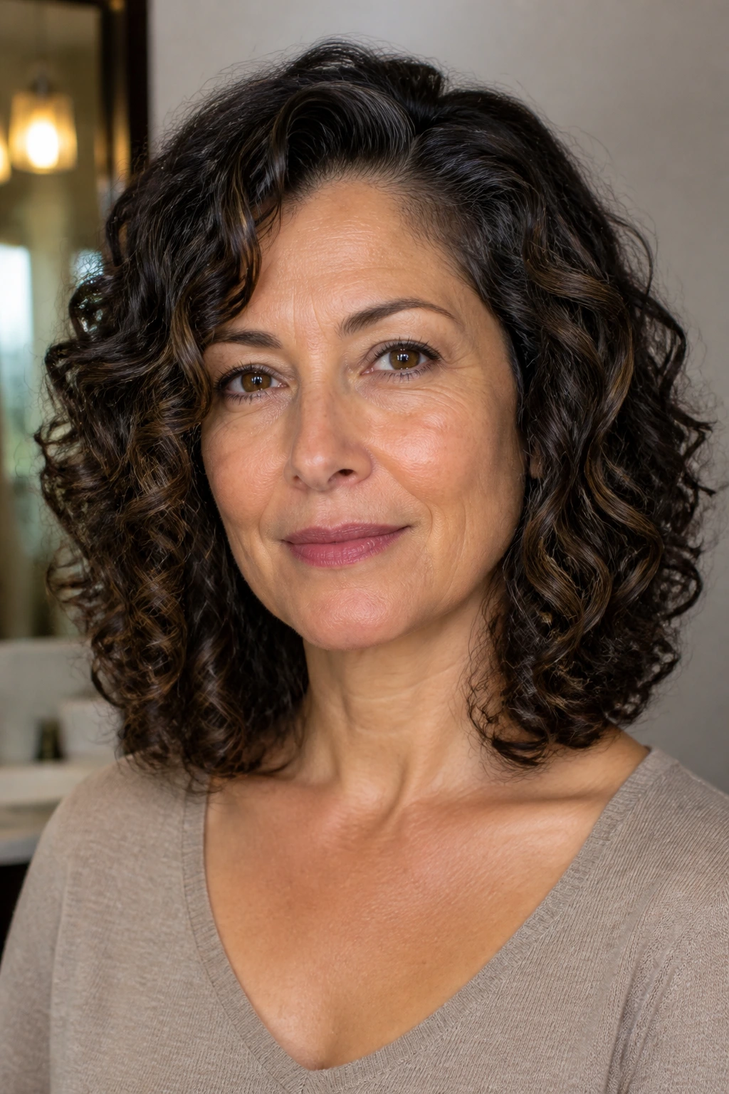 Close-up of a real woman with collarbone-length curls forming a soft U-cut