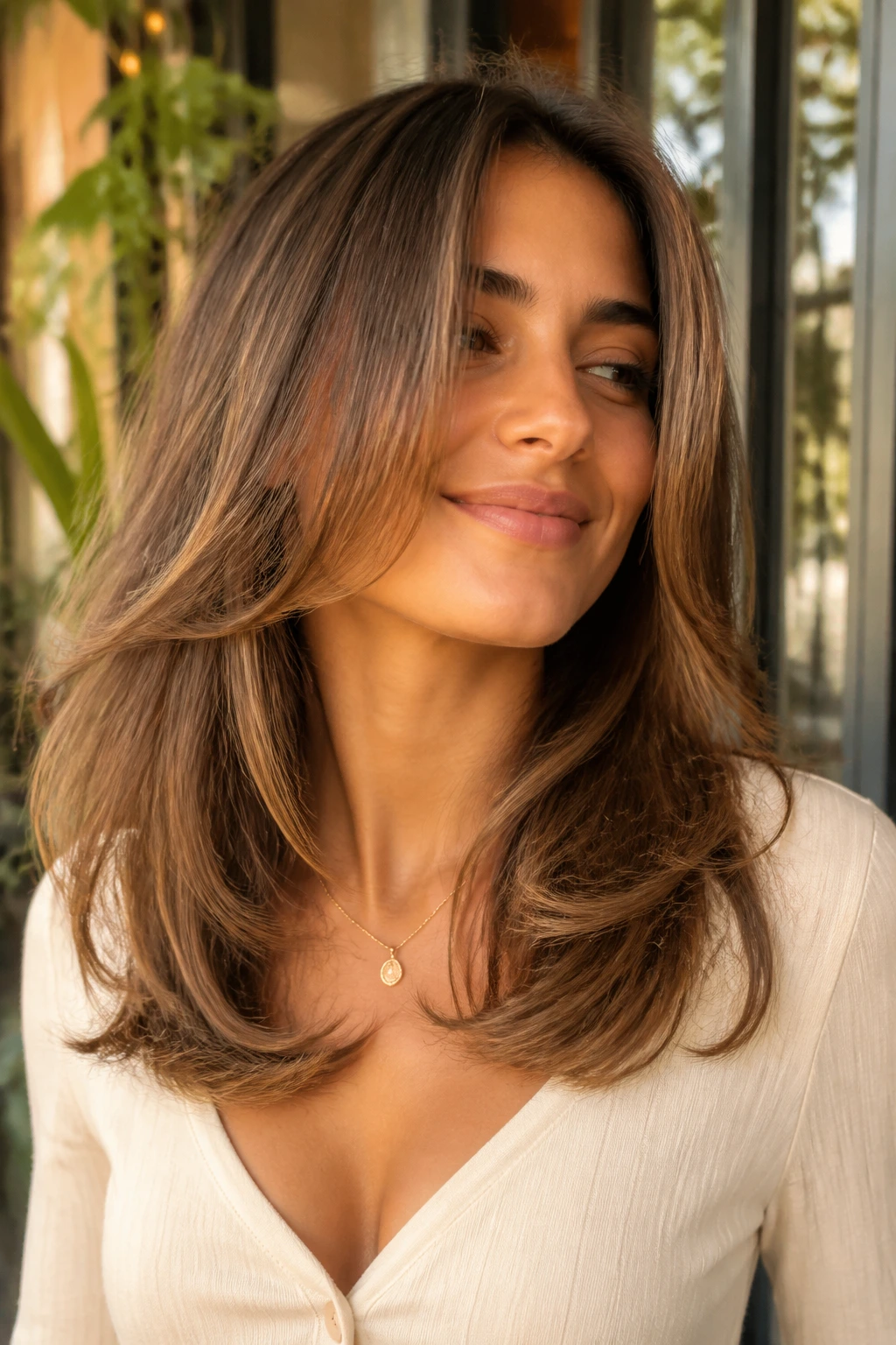 Close-up of collarbone-length waterfall layers with soft movement.