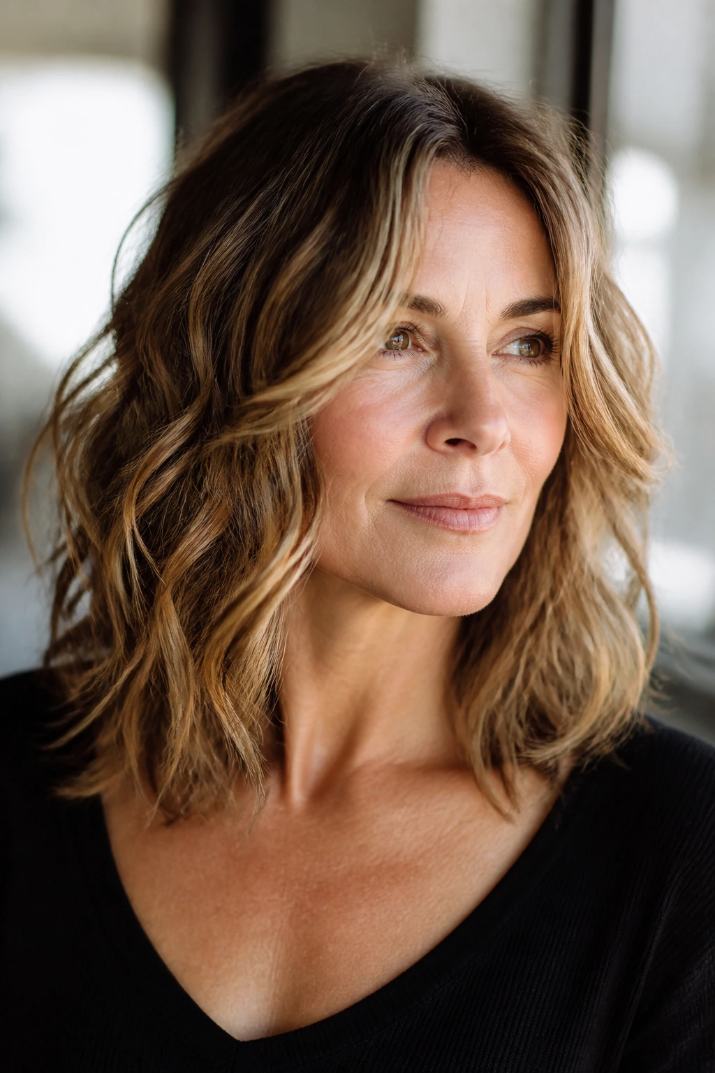 Close-up portrait of an older woman with collarbone-length waves and face-framing layers