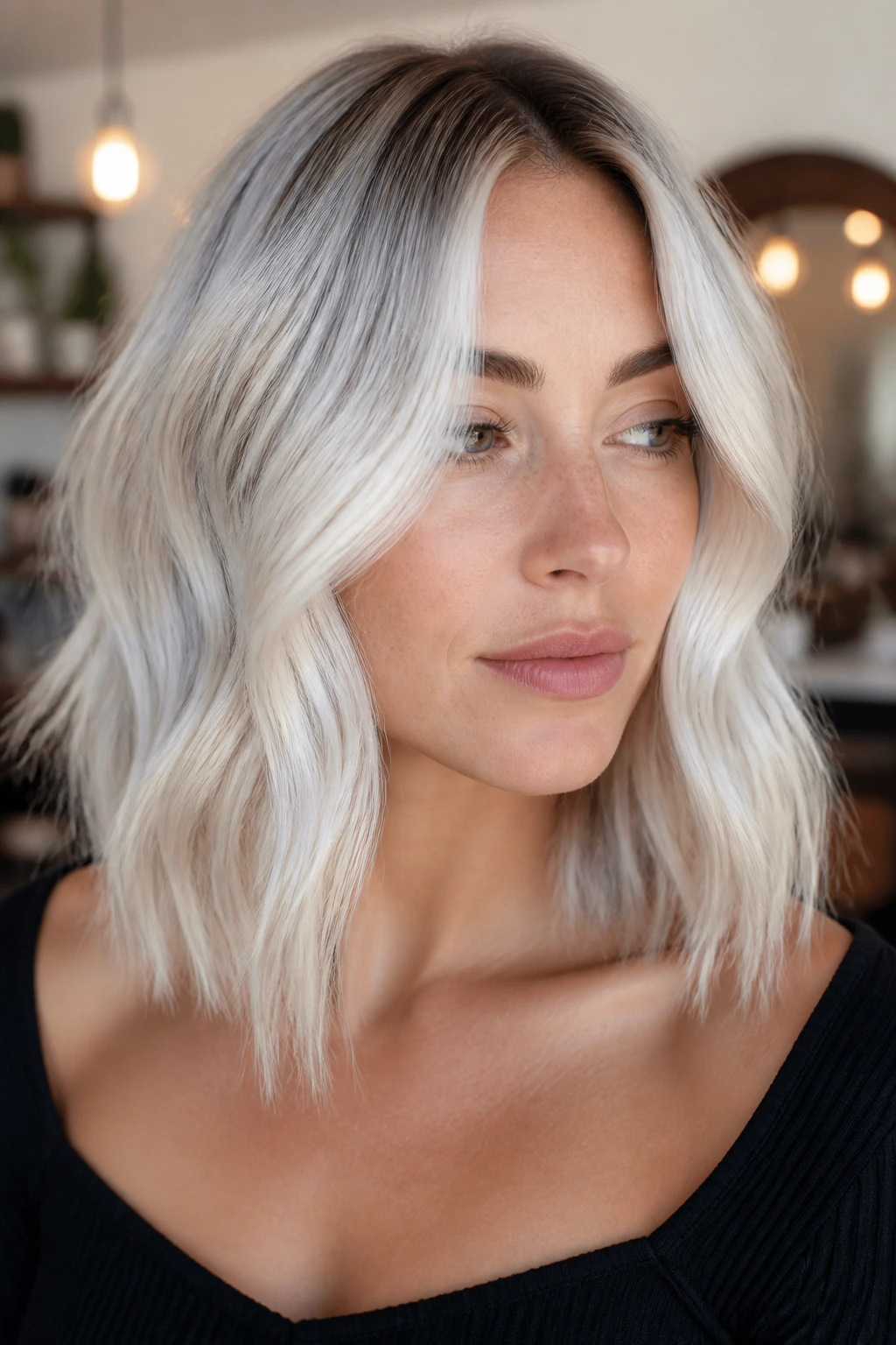 Portrait of a real person with shoulder-length icy blonde waves and a shadow root