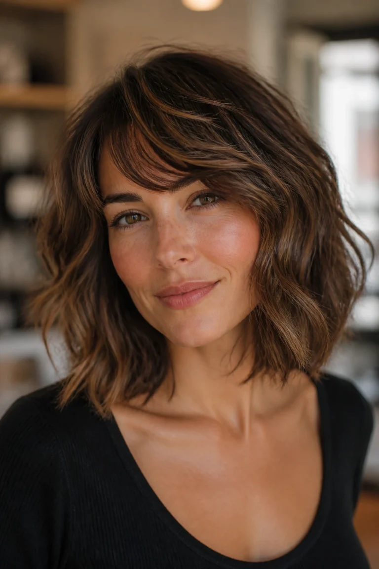 22 Textured Wavy Bobs for Curly Hair with Side-Swept Bangs