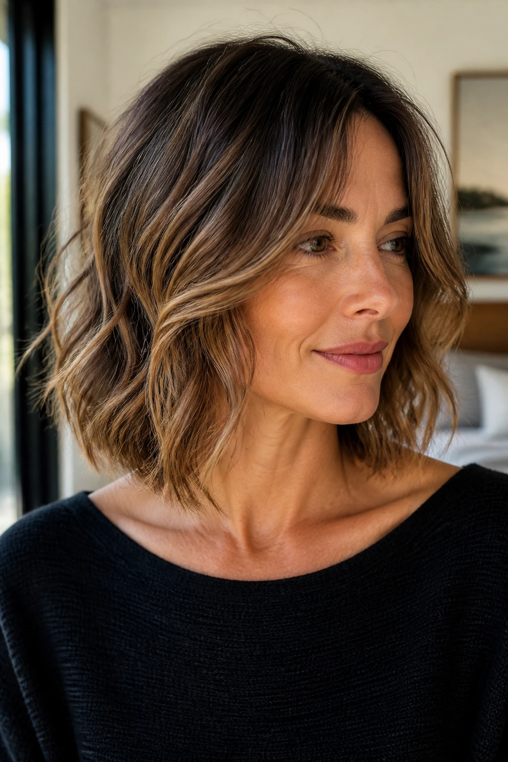 Close-up of collarbone-length wavy bob with long curtain bangs in warm light
