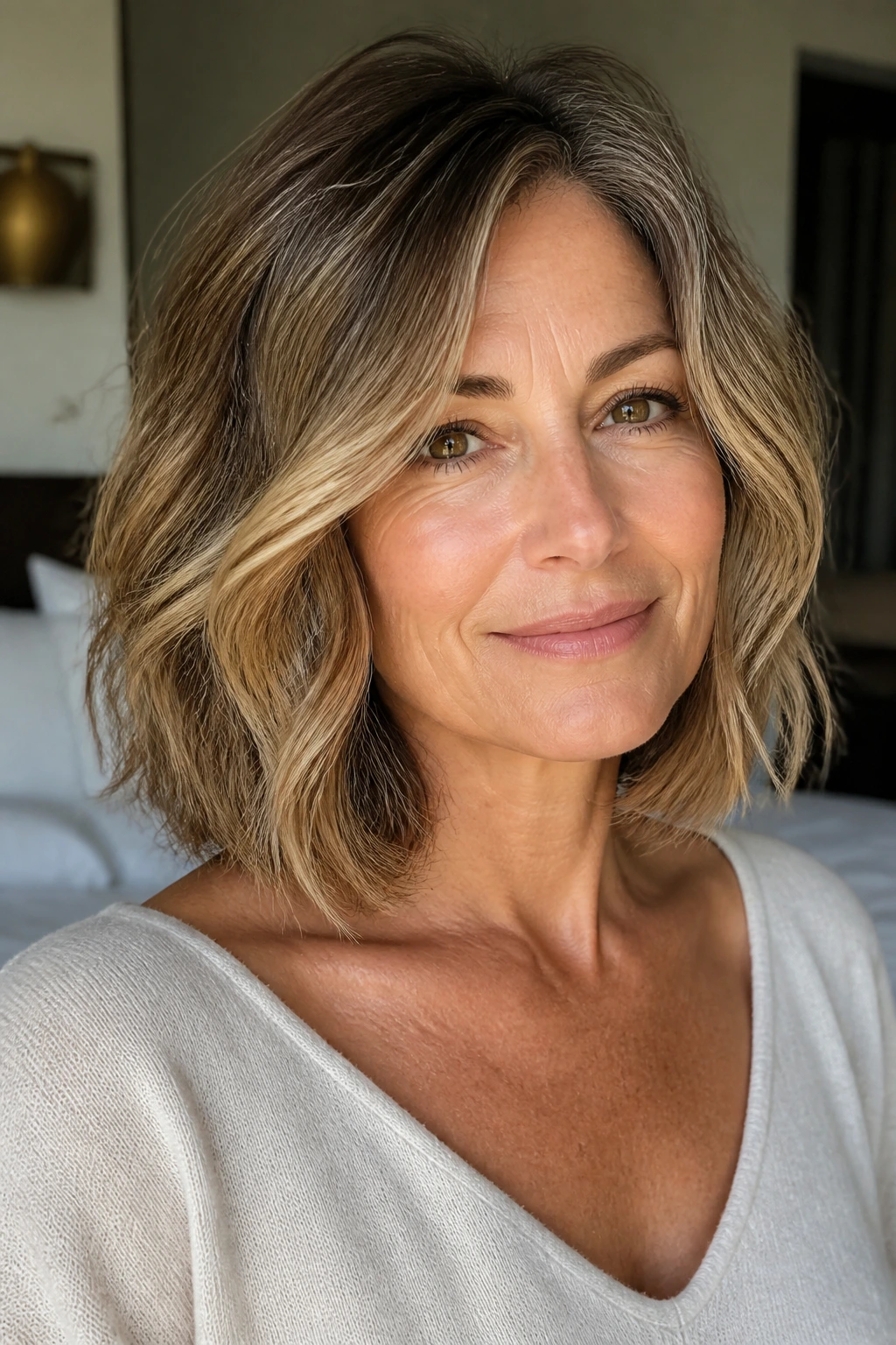 Close-up of a real woman with collarbone-length wavy bob and cheekbone layers